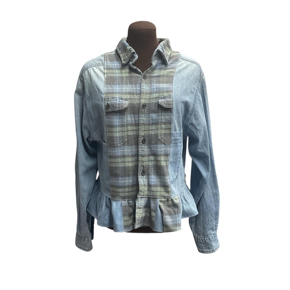 Plaid and Denim Long Sleeve Shirt